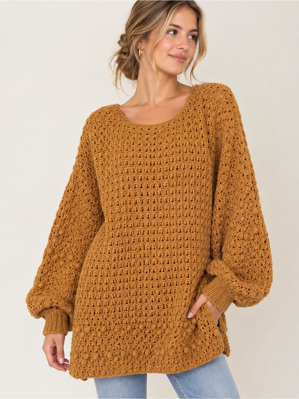 Garnet Hill Cashmere Cozy Oversized Bubble Crochet Sweater - Mustard